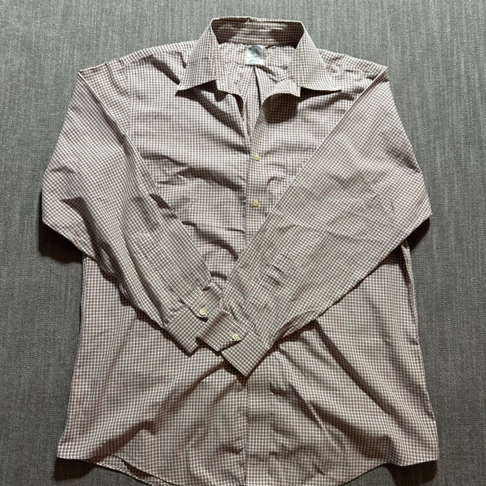 Brooks Brothers Button Down Mens 17-34 Brown Check Regent Supima Cotton Non-Iron - Picture 2 of 7
